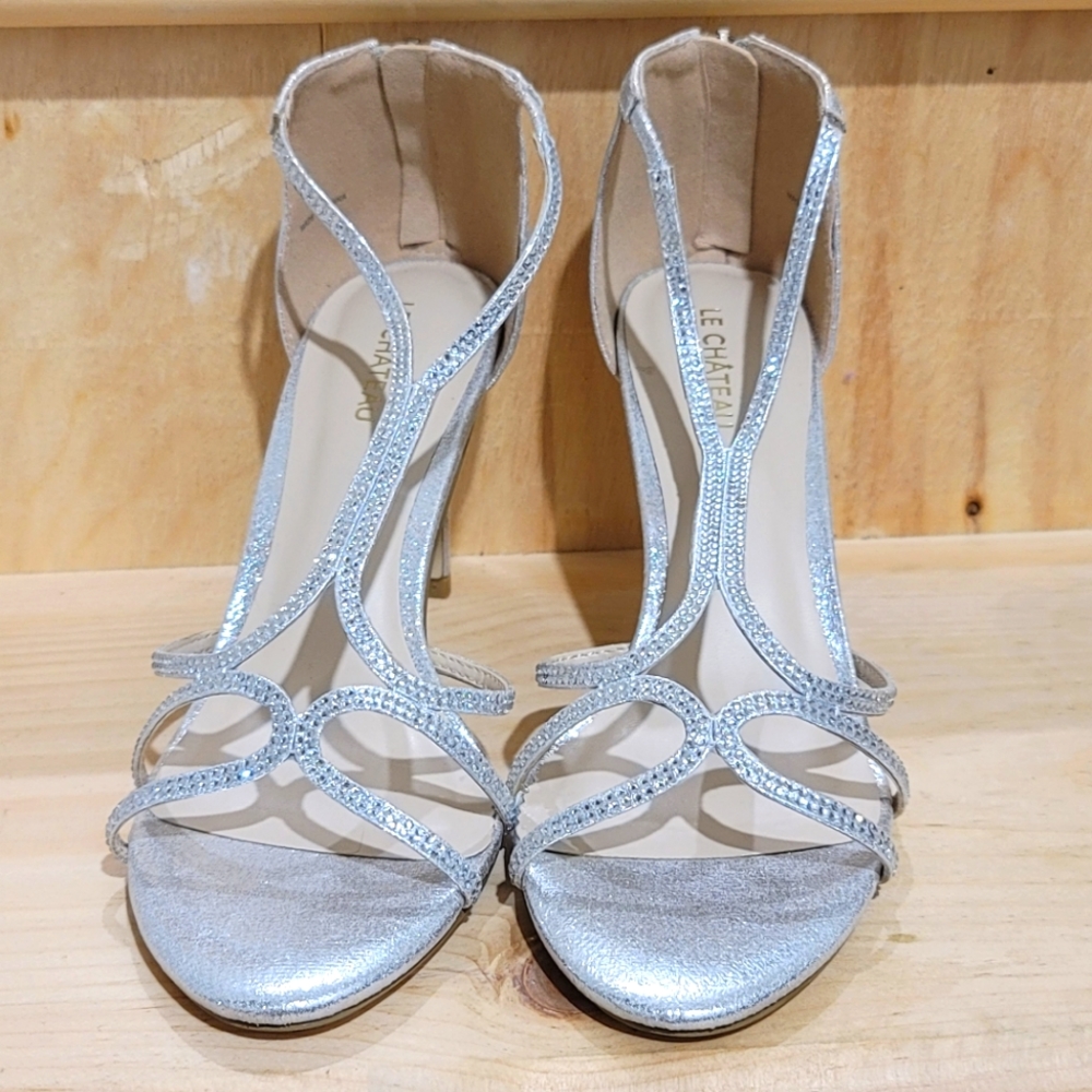 Le Chateau Silver Strappy Heels Rhinestone Sandals Size 40 Wedding Prom